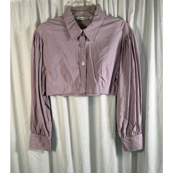 Zara Voluminous Poplin Crop Top w/Balloon Sleeves, Lavender, Sz: L, 84-03 - Picture 8 of 11